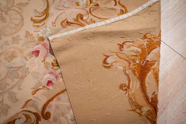 Vintage aubusson flat weave rug, beige rose medallion (sku fa5006bg9x12), detail 8