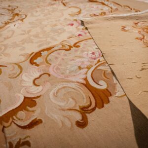 Vintage Aubusson flat weave rug, Beige Rose Medallion (SKU FA5006BG9X12), detail 9