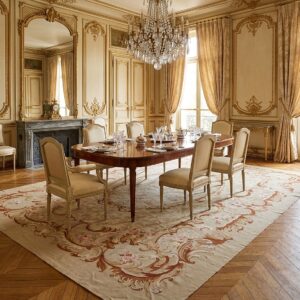 Vintage Aubusson Flat Weave Rug, Beige Rose Medallion (SKU FA5006BG9X12), styled in a dining room
