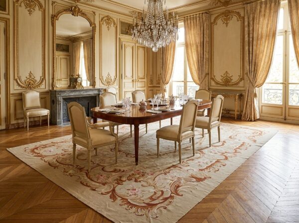 Vintage aubusson flat weave rug, beige rose medallion (sku fa5006bg9x12), styled in a dining room