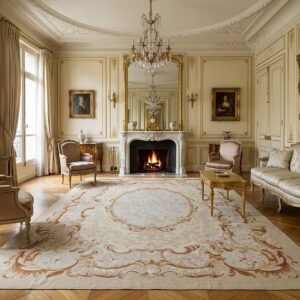 Vintage Aubusson Flat Weave Rug, Beige Rose Medallion (SKU FA5006BG9X12), styled in a living room