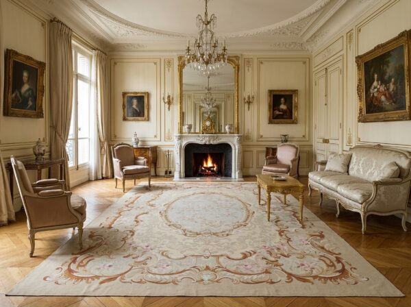 Vintage aubusson flat weave rug, beige rose medallion (sku fa5006bg9x12), styled in a living room