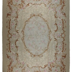 Vintage Aubusson flat weave rug, beige rose medallion (SKU FA5006BG9X12), full view