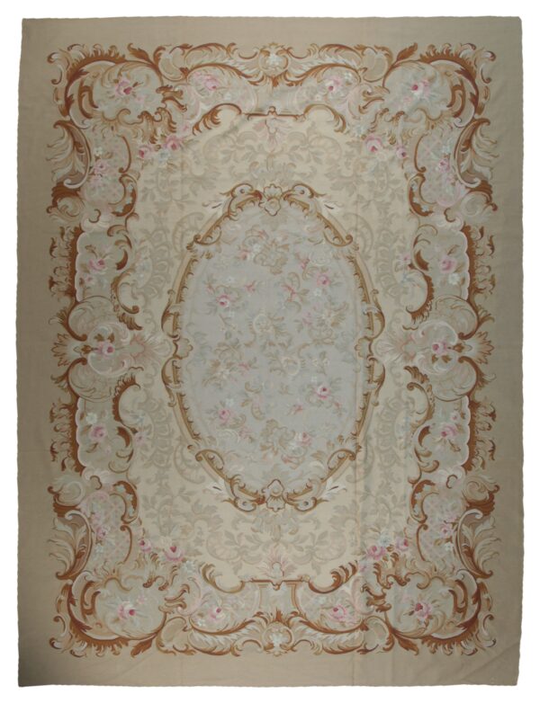 Vintage aubusson flat weave rug, beige rose medallion (sku fa5006bg9x12), full view