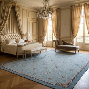 Vintage Aubusson Flat Weave Rug, Blue Fleur-de-Lis (SKU FA5111BL9X12), styled in a bedroom