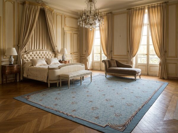 Vintage aubusson flat weave rug, blue fleur-de-lis (sku fa5111bl9x12), styled in a bedroom