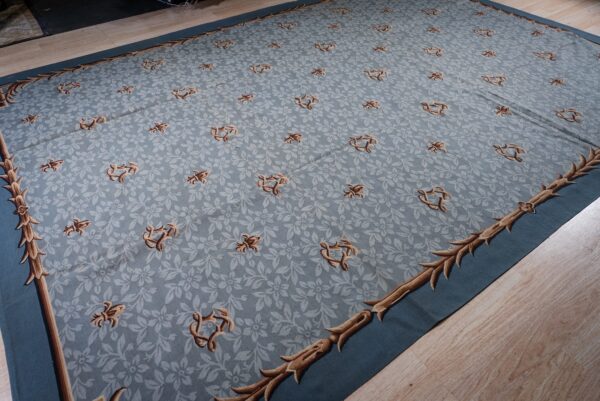 Vintage aubusson flat weave rug, blue fleur-de-lis (sku fa5111bl9x12), detail 2