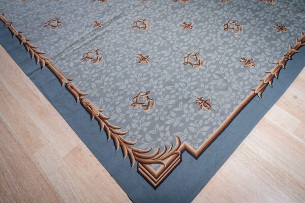 Vintage aubusson flat weave rug, blue fleur-de-lis (sku fa5111bl9x12), detail 4