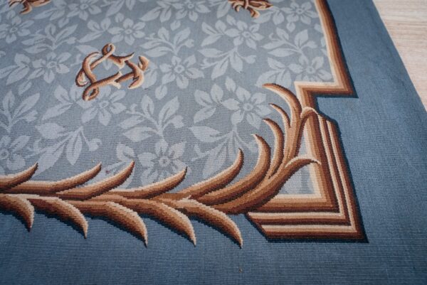 Vintage aubusson flat weave rug, blue fleur-de-lis (sku fa5111bl9x12), detail 5
