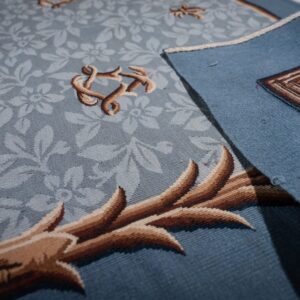 Vintage Aubusson flat weave rug, Blue Fleur-de-Lis (SKU FA5111BL9X12), detail 9