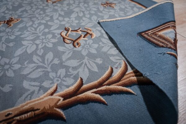 Vintage aubusson flat weave rug, blue fleur-de-lis (sku fa5111bl9x12), detail 9