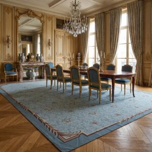 Vintage Aubusson Flat Weave Rug, Blue Fleur-de-Lis (SKU FA5111BL9X12), styled in a dining room