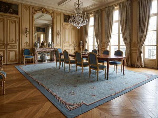 Vintage aubusson flat weave rug, blue fleur-de-lis (sku fa5111bl9x12), styled in a dining room