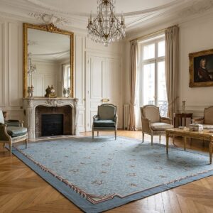 Vintage Aubusson Flat Weave Rug, Blue Fleur-de-Lis (SKU FA5111BL9X12), styled in a living room