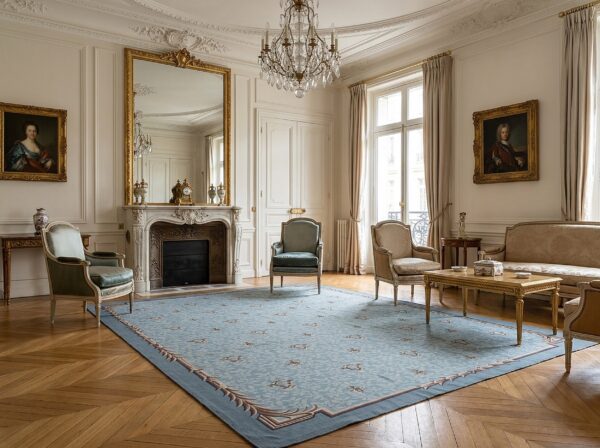 Vintage aubusson flat weave rug, blue fleur-de-lis (sku fa5111bl9x12), styled in a living room