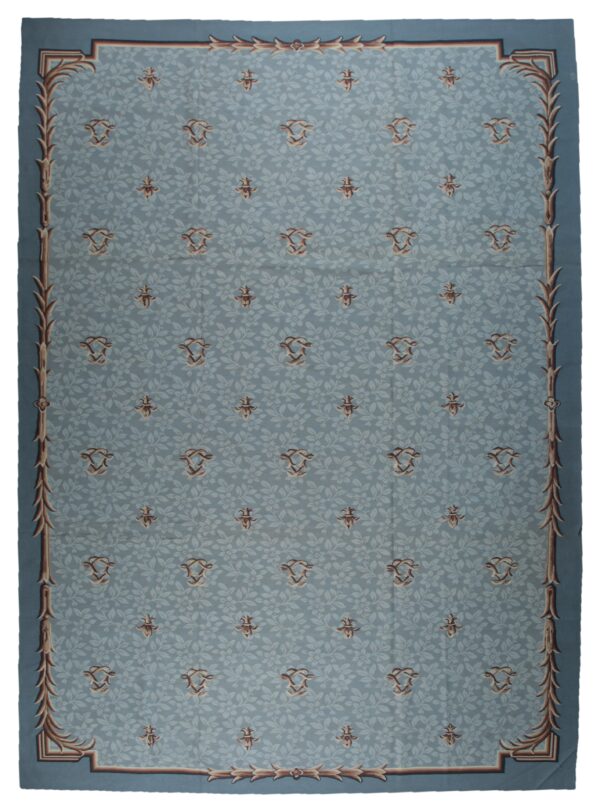 Vintage aubusson flat weave rug, blue fleur de lis (sku fa5111bl9x12), full view