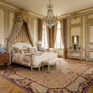 Vintage Aubusson Flat Weave Rug, Brown Baroque Medallion (SKU FA5158BBN9X12), styled in a bedroom