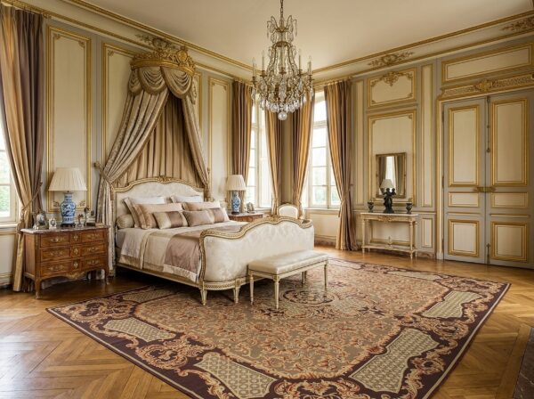 Vintage aubusson flat weave rug, brown baroque medallion (sku fa5158bbn9x12), styled in a bedroom