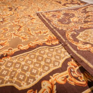 Vintage Aubusson flat weave rug, Brown Baroque Medallion (SKU FA5158BBN9X12), detail 1