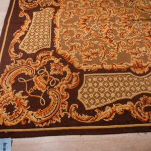 Vintage Aubusson flat weave rug, Brown Baroque Medallion (SKU FA5158BBN9X12), detail 9