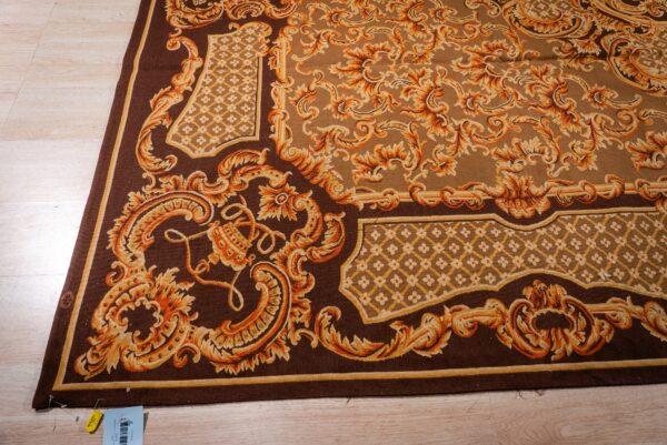 Vintage aubusson flat weave rug, brown baroque medallion (sku fa5158bbn9x12), detail 9