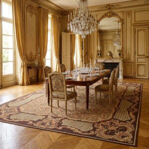 Vintage Aubusson Flat Weave Rug, Brown Baroque Medallion (SKU FA5158BBN9X12), styled in a dining room