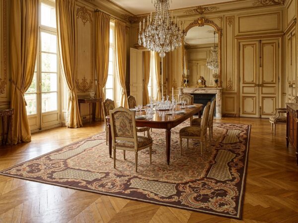Vintage aubusson flat weave rug, brown baroque medallion (sku fa5158bbn9x12), styled in a dining room