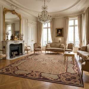 Vintage Aubusson Flat Weave Rug, Brown Baroque Medallion (SKU FA5158BBN9X12), styled in a living room