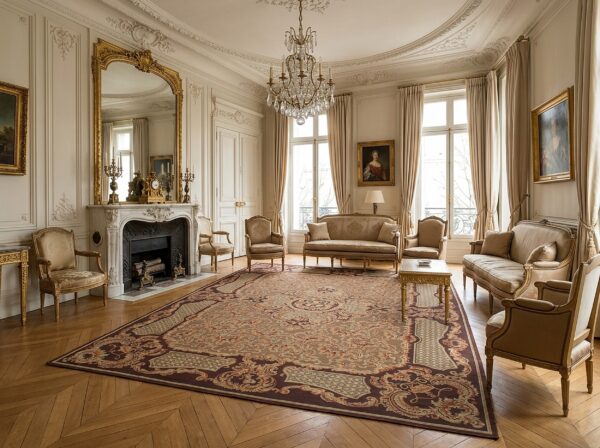 Vintage aubusson flat weave rug, brown baroque medallion (sku fa5158bbn9x12), styled in a living room