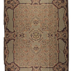 Vintage Aubusson flat weave rug, brown baroque medallion (SKU FA5158BBN9X12), full view