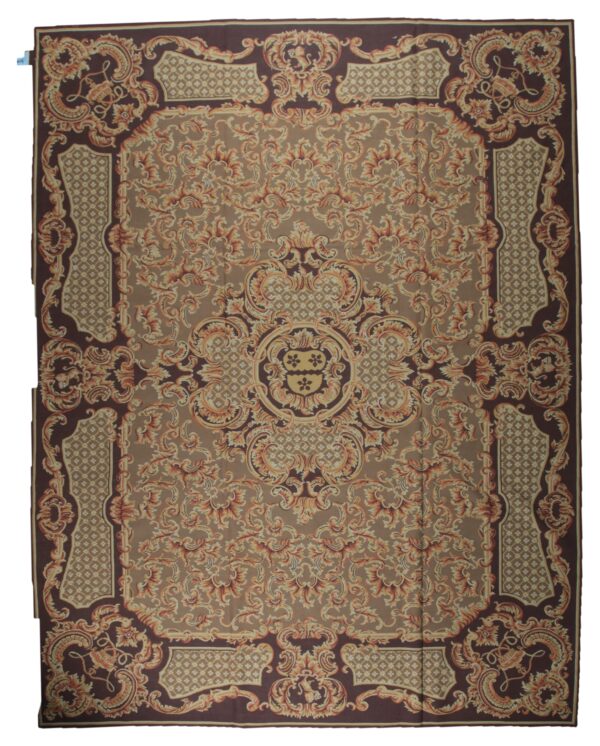 Vintage aubusson flat weave rug, brown baroque medallion (sku fa5158bbn9x12), full view