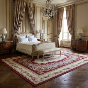Vintage Aubusson Flat Weave Rug, Burgundy Rose Medallion (SKU FA5109RD9X12), styled in a bedroom