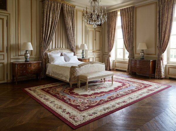 Vintage aubusson flat weave rug, burgundy rose medallion (sku fa5109rd9x12), styled in a bedroom