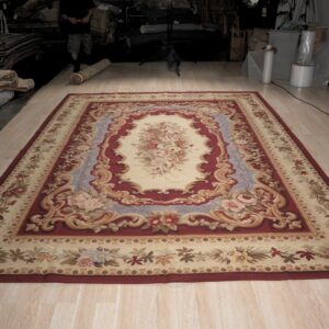 Vintage Aubusson flat weave rug, Burgundy Rose Medallion (SKU FA5109RD9X12), detail 1