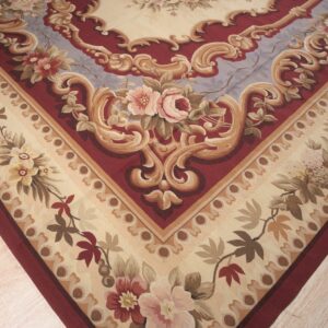 Vintage Aubusson flat weave rug, Burgundy Rose Medallion (SKU FA5109RD9X12), detail 2