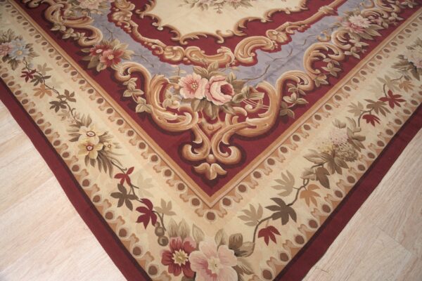 Vintage aubusson flat weave rug, burgundy rose medallion (sku fa5109rd9x12), detail 2