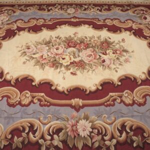 Vintage Aubusson flat weave rug, Burgundy Rose Medallion (SKU FA5109RD9X12), detail 3