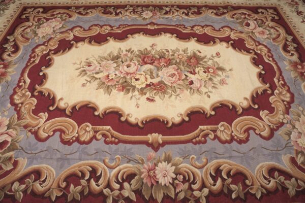 Vintage aubusson flat weave rug, burgundy rose medallion (sku fa5109rd9x12), detail 3