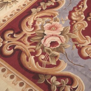 Vintage Aubusson flat weave rug, Burgundy Rose Medallion (SKU FA5109RD9X12), detail 4