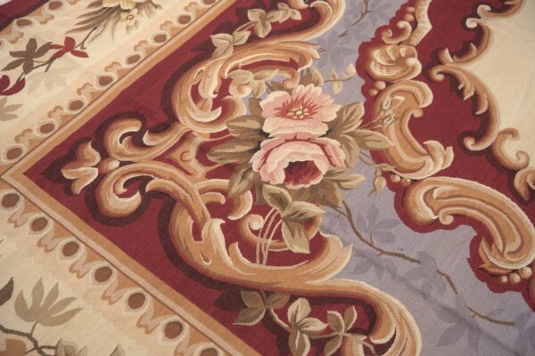 Vintage aubusson flat weave rug, burgundy rose medallion (sku fa5109rd9x12), detail 4
