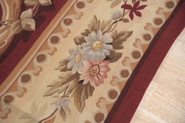 Vintage aubusson flat weave rug, burgundy rose medallion (sku fa5109rd9x12), detail 5