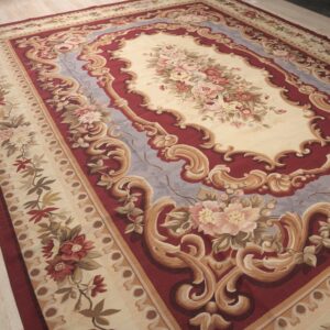 Vintage Aubusson flat weave rug, Burgundy Rose Medallion (SKU FA5109RD9X12), detail 6