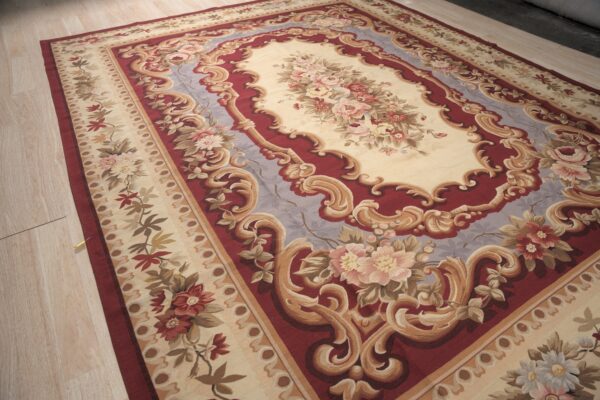 Vintage aubusson flat weave rug, burgundy rose medallion (sku fa5109rd9x12), detail 6