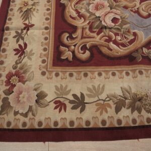 Vintage Aubusson flat weave rug, Burgundy Rose Medallion (SKU FA5109RD9X12), detail 7
