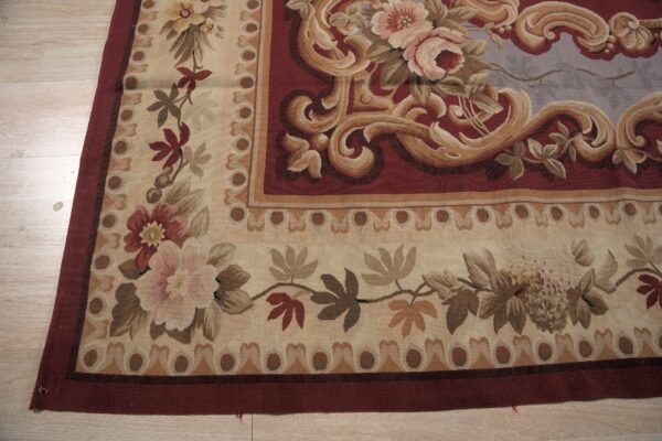 Vintage aubusson flat weave rug, burgundy rose medallion (sku fa5109rd9x12), detail 7