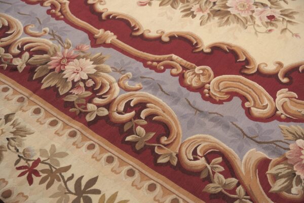 Vintage aubusson flat weave rug, burgundy rose medallion (sku fa5109rd9x12), detail 8