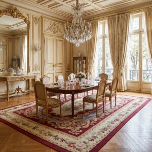 Vintage Aubusson Flat Weave Rug, Burgundy Rose Medallion (SKU FA5109RD9X12), styled in a dining room