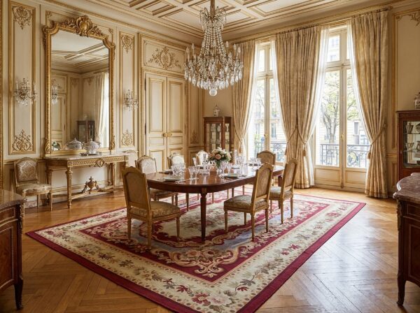 Vintage aubusson flat weave rug, burgundy rose medallion (sku fa5109rd9x12), styled in a dining room