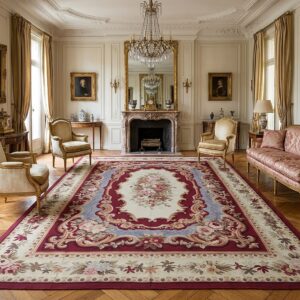 Vintage Aubusson Flat Weave Rug, Burgundy Rose Medallion (SKU FA5109RD9X12), styled in a living room