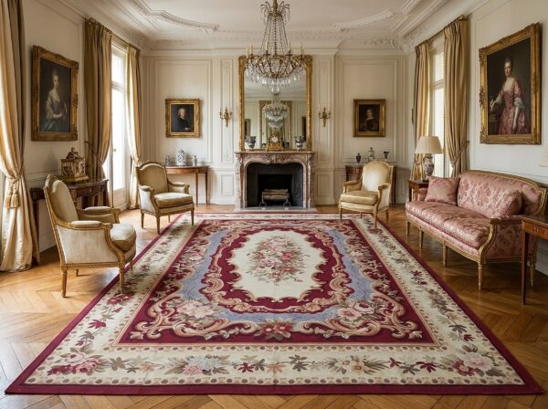 Vintage aubusson flat weave rug, burgundy rose medallion (sku fa5109rd9x12), styled in a living room